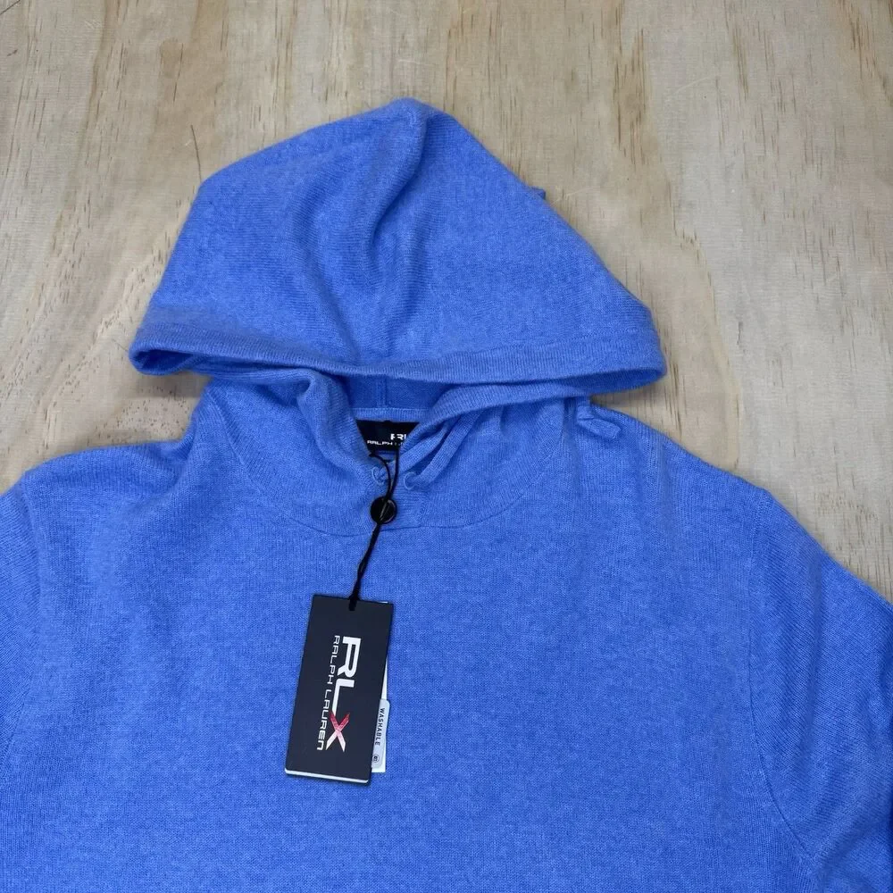 NEW RLX Ralph Lauren Golf 10/15 Washable Cashmere Hooded Sweater Blue SM